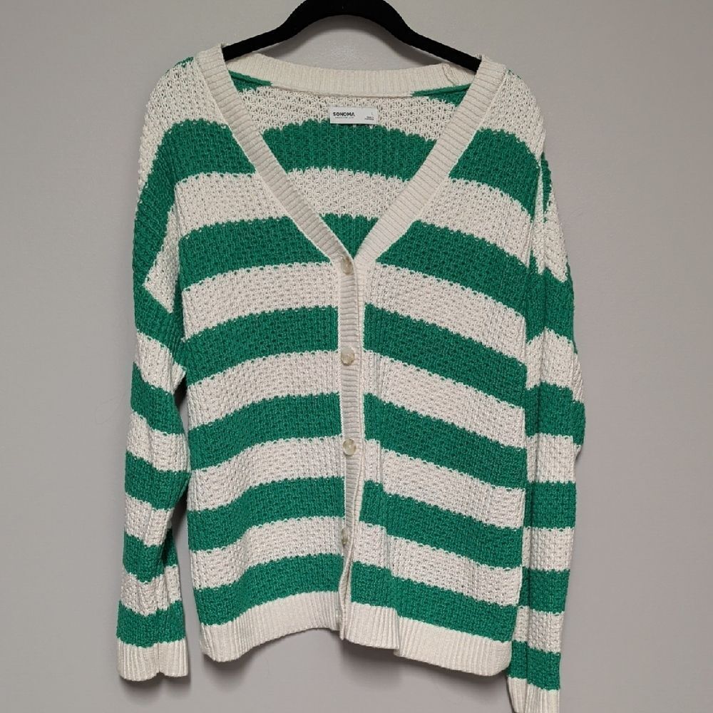 Sonoma Green and White Striped Cardigan
